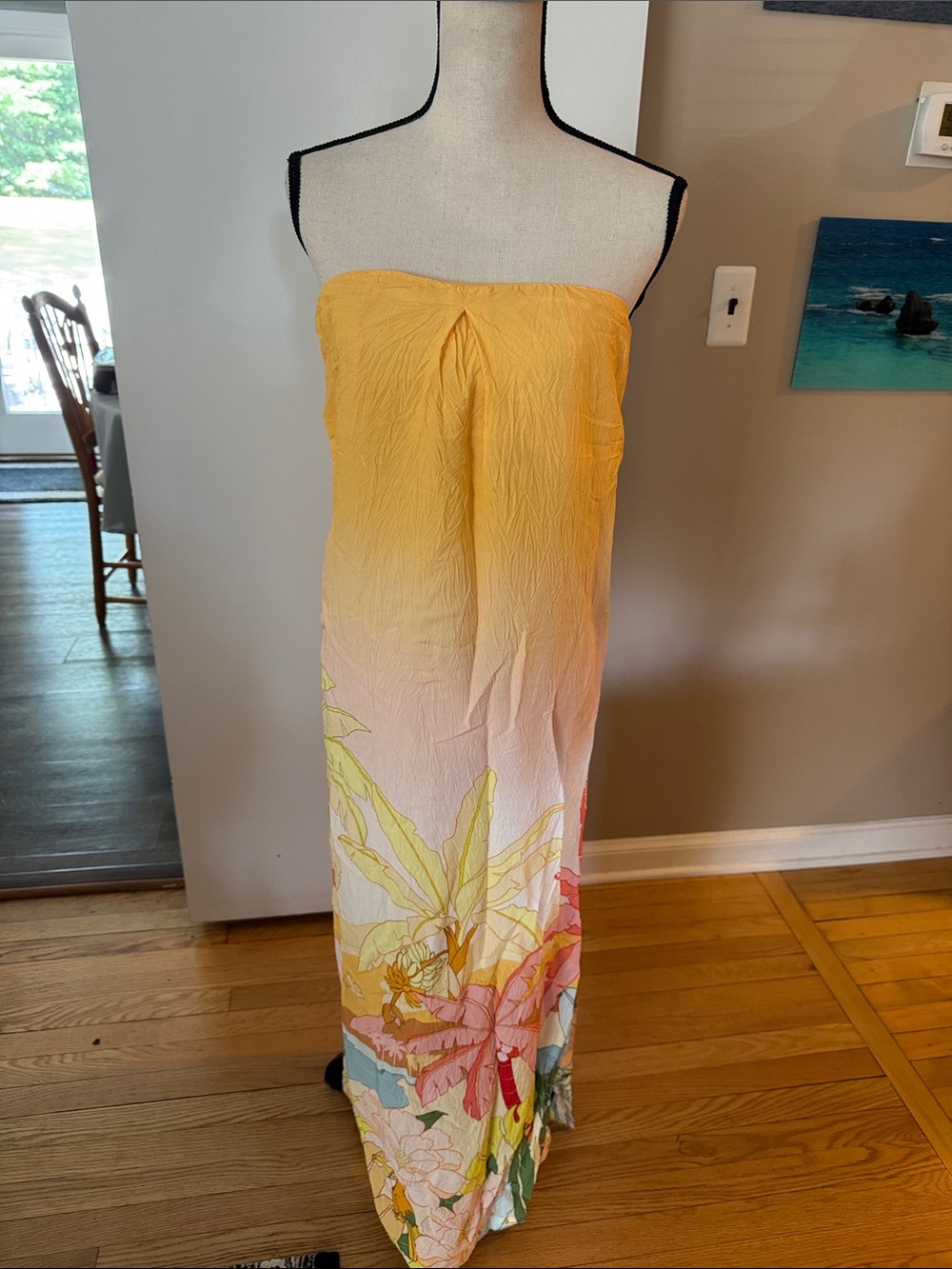 FARM Rio Yellow Ombre Strapless Maxi Coverup with Floral Border